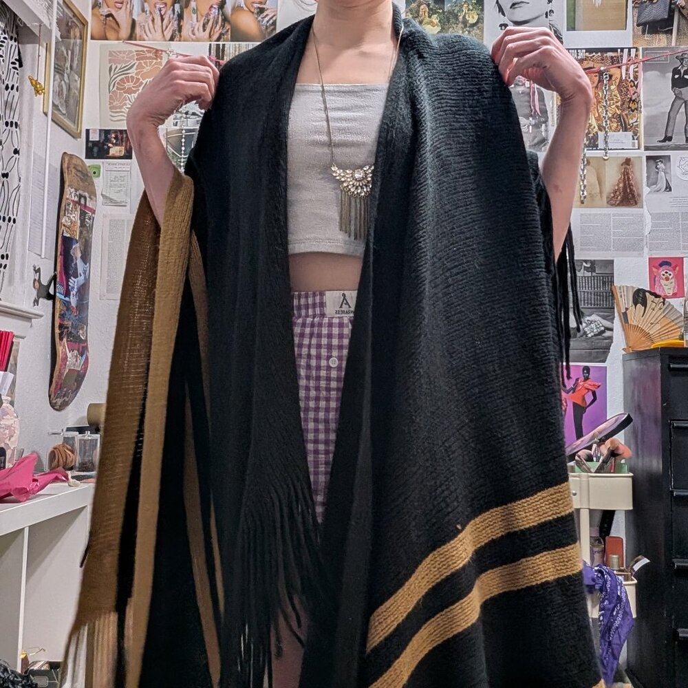 SOLD ON OTHER PLATFORM: Black and Tan Fringe Poncho. OUT OF STOCK
